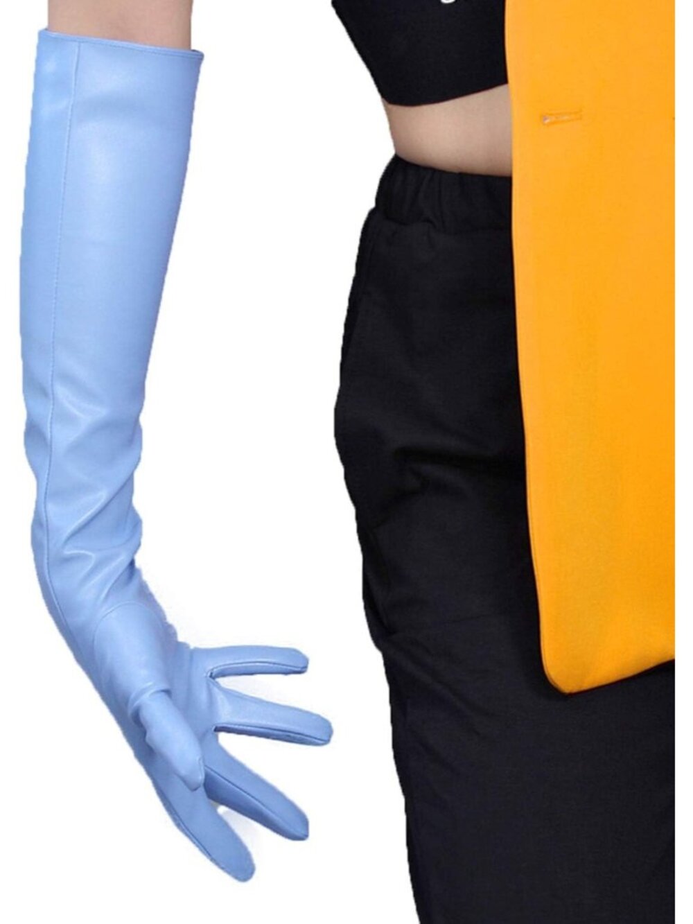 Women's Sky Blue Over Elbow Winter Full Finger For Halloween Long Leather Gloves